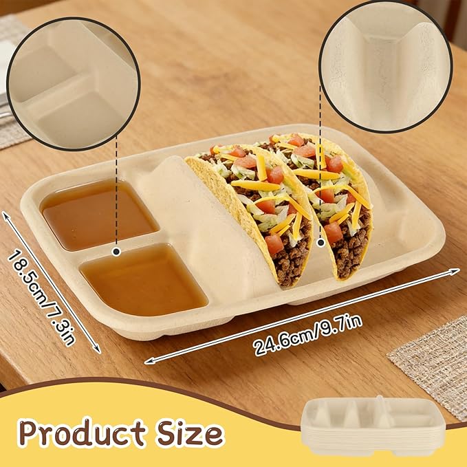 50 Pack Taco Plates Disposable With Dipping Sides - Biodegradable Cornstarch Taco Holder - Taco Stand for Taco Tuesday, Mexican Party, Picnics - Size Fit for 4-6 Inch Tortilla