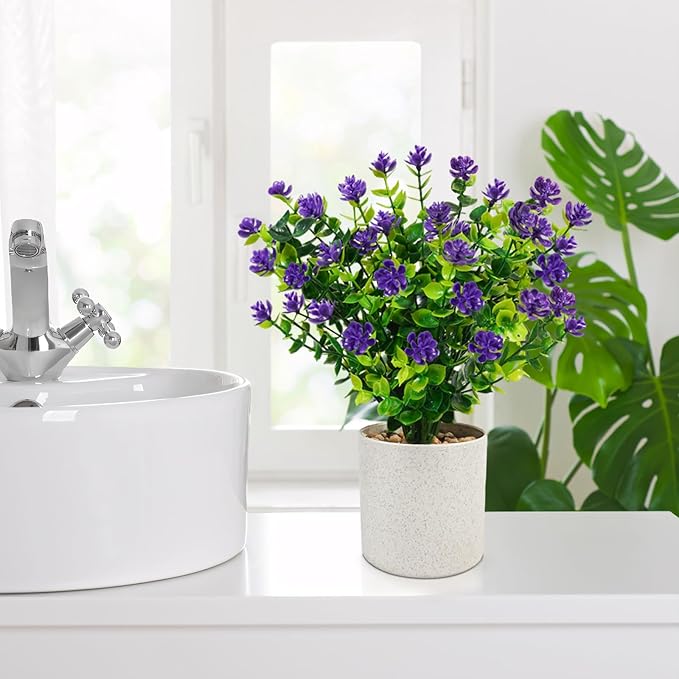4 Packs Artificial Pot Flowers, Mini Purple Fake Potted Flowers Small Faux Plants Indoor for Home Office Bathroom Farmhouse Tabletop Spring Decor