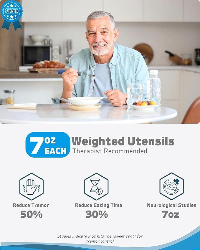 Adaptive Utensils (4-Piece Set) Weighted 7 oz - 42° Angled Utensils for Parkinson's Patients, Hand Tremors, Arthritis & Elderly - Eating Utensils for Elderly (Blue: Left Handed)