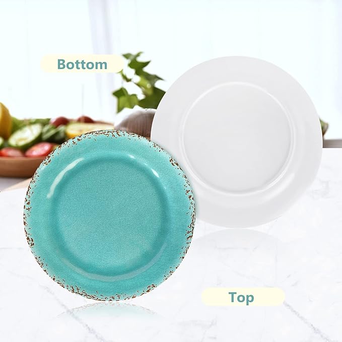 Gourmet Art Crackle 10 Inch Melamine Dinner Plates Set of 6 Aquamarine