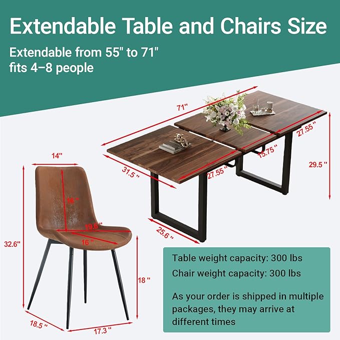 Dining Table Set for 6, 55"-71" Extendable Dining Room Table Set for 6, Modern Wood Kitchen Table with 6 Upholstered Chairs, Space-Saving for Dining Room Apartment, Easy Assembly