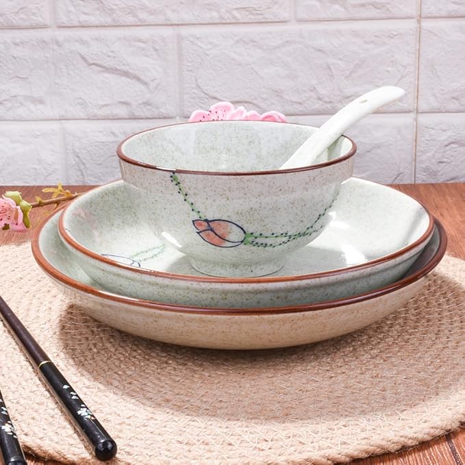 4-Piece Ceramic Dinnerware Set, Plate, Dish, Bowl, Spoon, Japanese Hand-painted Tableware set, A Good Tableware