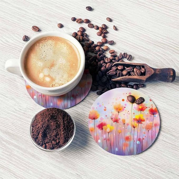 Watercolor Floral Coasters for Drinks Office Coffee Table Spring Flowers Soft Color Purple Pink Poppy Bloom Living Room Decor Set of 2 for Cold Drinks Wine Mugs and Cups 4 Inch