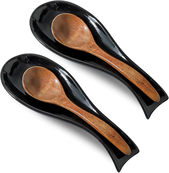 Ceramic Spoon Rest for Stove Top,Large 8.7 Inch Spoon Holder for Kitchen Counter,Porcelain Utensil Rest for Thankgiving and Christmas Gift,Dishwasher Safe and Heat-Resistant,Black(2 PC)