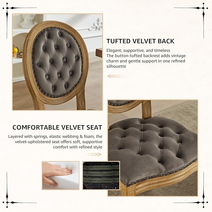 Vintage French Dining Chairs Set of 8, Round Back Velvet Upholstered Accent Chairs with Nailhead Trim and Solid Wood Frame, Elegant Sillas de Comedor for Dining Room & Kitchen, Gray