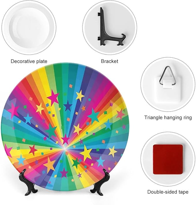 Ceramic Display Plate, Abstract Decor Ceramic Hanging Decorative Plate, Abstract Rainbow and Stars Confetti Rays Striped, 7 Inch, Living Room Kitchen Decoration Household, Multy