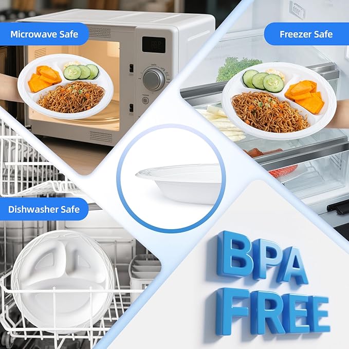 YANGRUI Party Plates Mineral Filled PP 10" 150 Pack - Shrink Wrap Commercial White BPA Free Plastic Plate | Reusable & Disposable Dishwasher & Microwave Safe | Heavy Duty 3 Compartment Dinner Trays