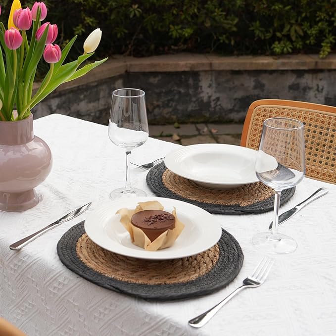 ANDSTAR Round Woven Placemats Set of 6, 12"x12", Natural Wicker Placemats, Water Hyacinth Straw Braided Placemats,Boho Place Mats for Farmhouse, Rustic Table (Water Hyacinth + Black Cotton Rope)