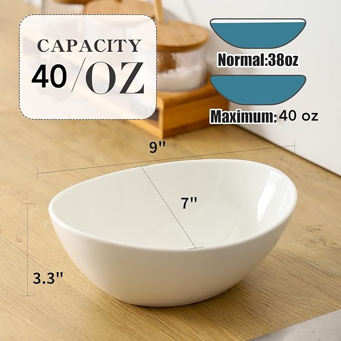 HASENSE 40 OZ Salad Bowls Set of 4, Ceramic Serving Bowls for Kitchen, 9 Inch Ceramic Bowls Microwave and Dishwasher Safe for Ramen, Salad, Fruit, Pasta and Side dish, White