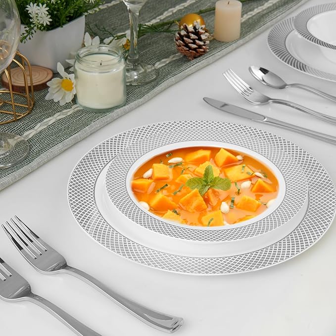 JOLLY CHEF 50 Pack Plastic Bowls with Silver Rim, 12 oz Disposable Soup Bowls, Heavy Duty Plastic Dinner Bowl for Weddings, Party, Dinners, Catering, Christmas and Everyday Use