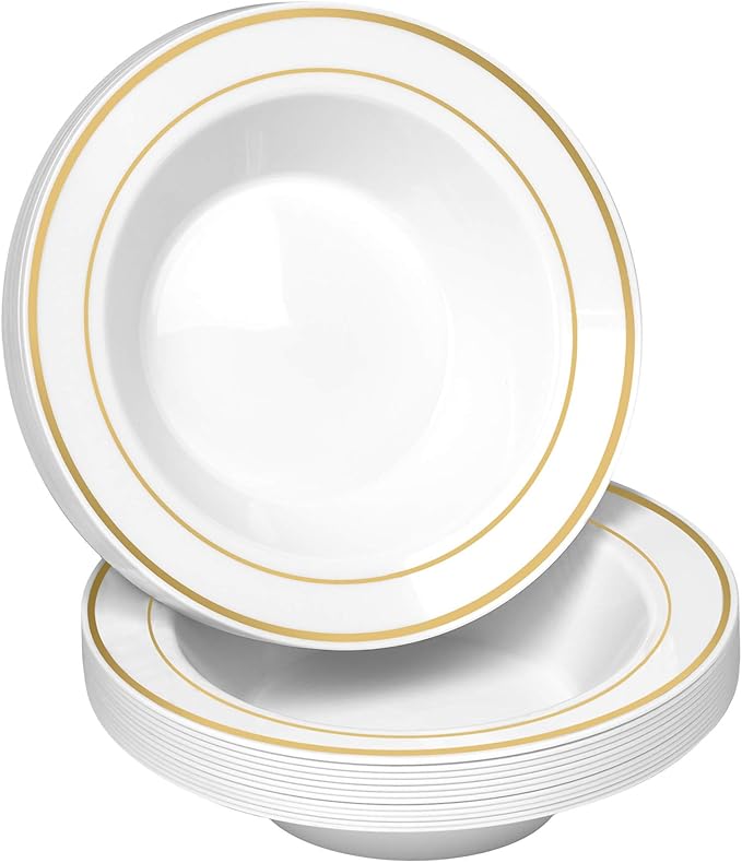 100 Disposable White Gold Trim Plastic Soup Bowls | 14 oz. Premium Heavy Duty Disposable Dinnerware with Real China Design | Safe & Reusable and Great for Parties or Weddings. (50-Pack) Gold