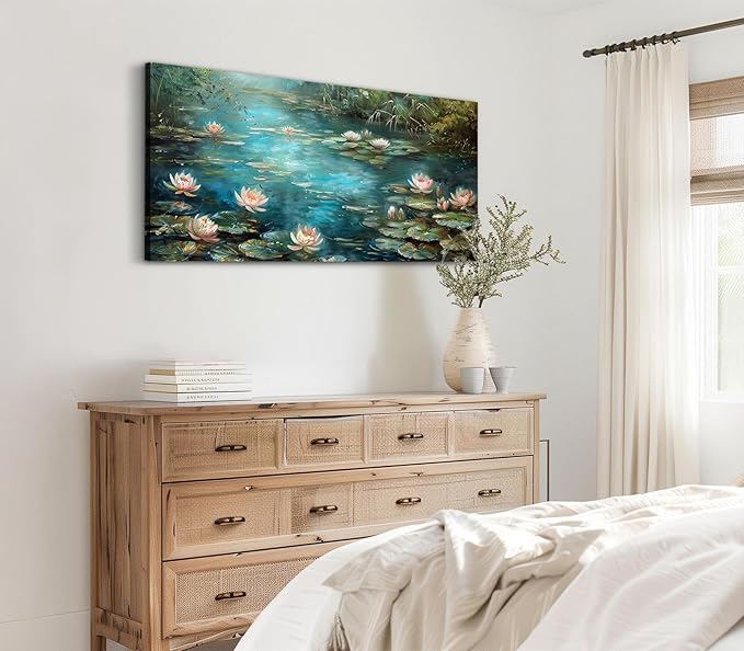ADJUVANT Wall Art Impressionist Water Lily Pond 48" L x 24" W, Lotus Flower Canvas Painting Nature Artwork Green Water and Pink Blooms Prints Wall Decor for Living Room Bedroom Study Home Office