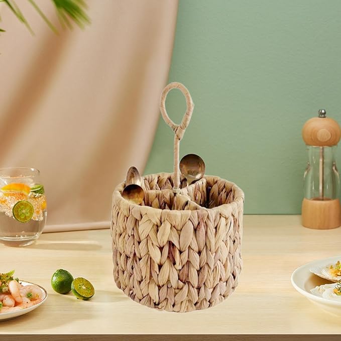 Wicker Flatware Organizer Water Hyacinth Cutlery Holder for Forks Party