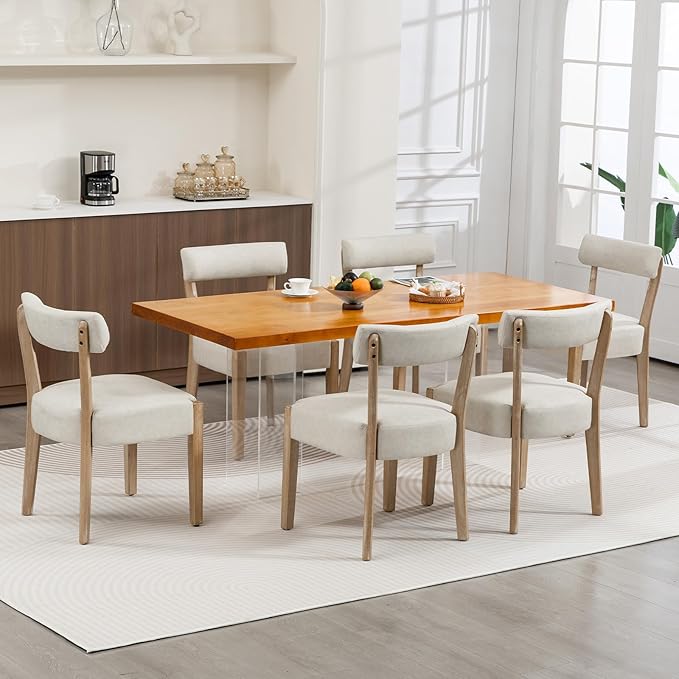 Modern Dining Chairs Set of 6 – Mid-Century Modern Faux Leather Upholstered Kitchen & Dining Room Chairs with Curved Back, Oversized Rounded Seat, Sturdy Wood Frame, Beige