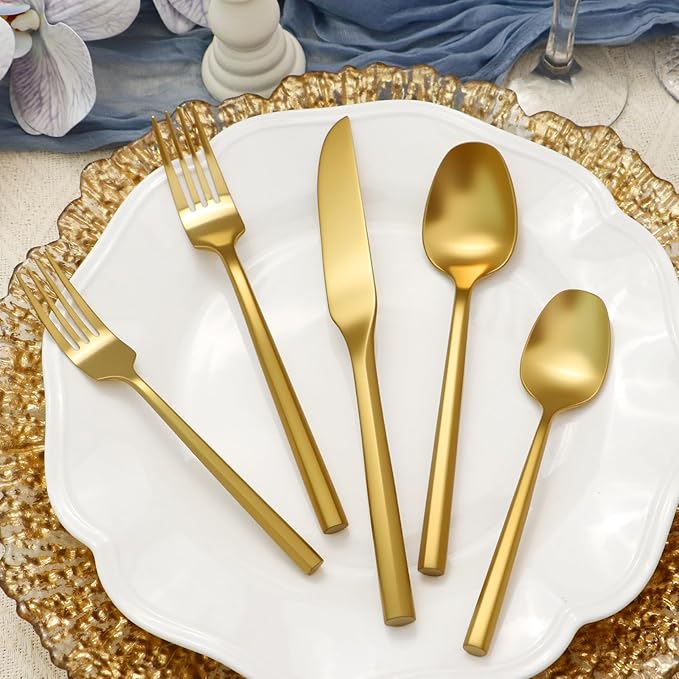 Silverware Set 60-Piece Stainless Steel Matte Gold Cutlery, Hand Forged Thick Hexagon Handle Flatware Sets, Service for 12