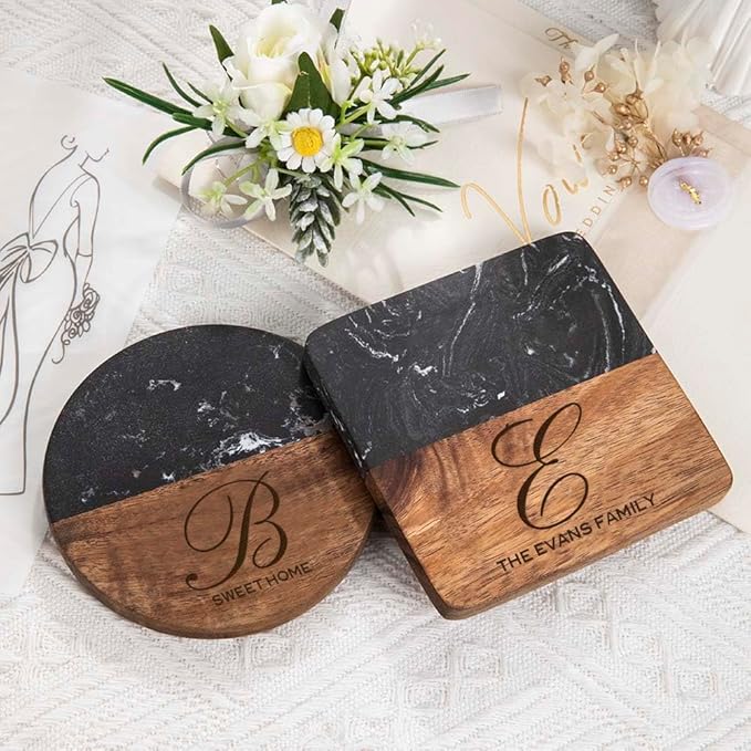 Personalized Glass Coaster Wood Marble Cup Coaster Custom Name and Text 4 Design Optional Gifts for Family