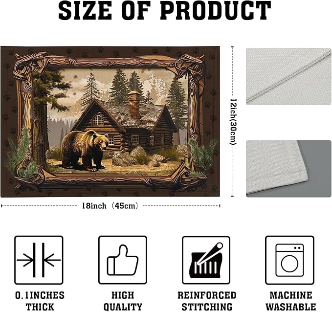 Bear Placemats Set of 4 - Lodge Cabin Place Mats 12x18 Inch Rustic Farmhouse Wild Animal Table Mats Country Woodland Kitchen Mats for Dining Table