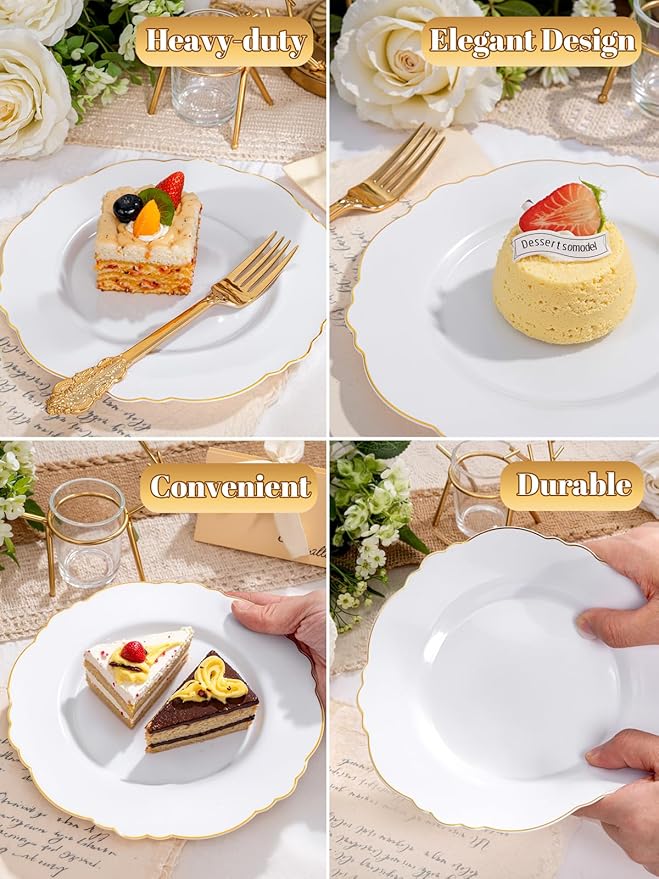 WDF 60pcs Gold Dessert Plates-7.5inch Baroque White and Gold Small Plastic Plates/Disposable Dessert/Salad/Appetizer Plastic Plate for Upscale Bridal Shower/Wedding/Birthday