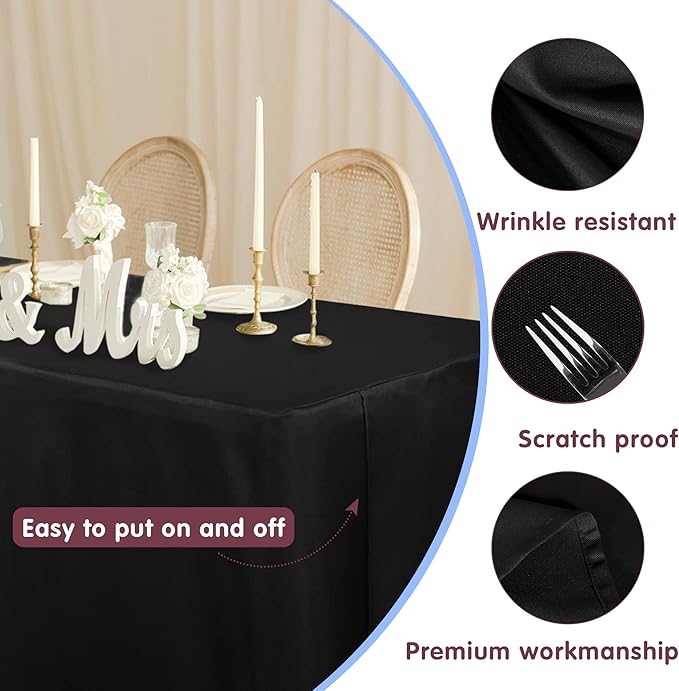 HolidayIdeas Fitted Table Clothes, 6 Pack - 48 x 24 Inch - Black Rectangle Tablecloths for 4 Foot Tables, Fabric Table Cover Protector for Parties, Holiday Dinner, Wedding, Trade Show