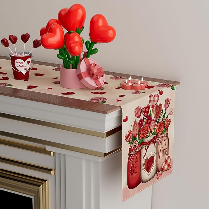 XCHI Roses Flowers Love Hearts Vase Valentine’s Day Table Runner Table Decoration for Party Home Kitchen Dining Dinner Holiday Decor 13x90 Inch