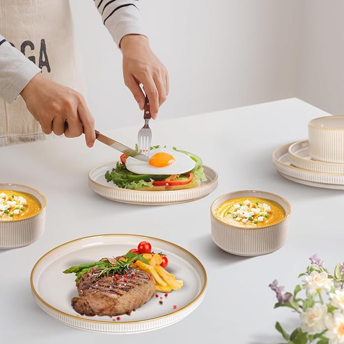 Romswi Stoneware Dinnerware Set for 4, 16Pcs Plates and Bowls Sets with Mugs, Chip & Scratch Resistant Dish Set, Handmade Reactive Glaze Plate Set, Oven,Microwave and Dishwasher Safe, Cappuccino White