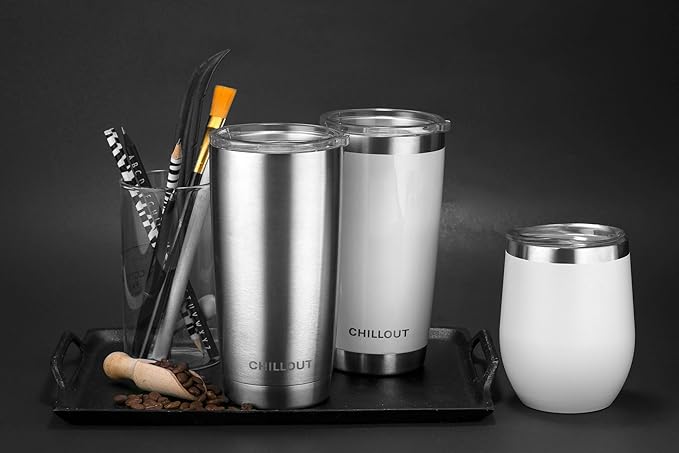 CHILLOUT LIFE 12 oz Stainless Steel Wine Tumbler with Lid - Double Wall Vacuum Insulated Wine Cup Glass Keeping Cold & Hot for Coffee, Champagne, Cocktails, Ice Cream - Powder Coated White