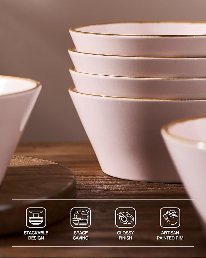 Famiware Saturn Plates and Bowls Dish Sets for 6 (18 Pieces), Stoneware Dinnerware Set with Hand-Painted Trim - Chip & Scratch Resistant, Microwave & Dishwasher Safe Ceramic Dishes, Light Pink