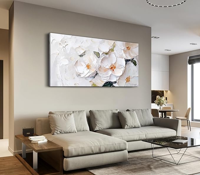 ADJUVANT Wall Art Impressionist Minimalist White Floral 40"L x 20"W, White Flowers With Subtle Tones Canvas Painting Delicate Petals Artwork Floral Wall Decor for Living Room Bedroom Bathroom Home Office