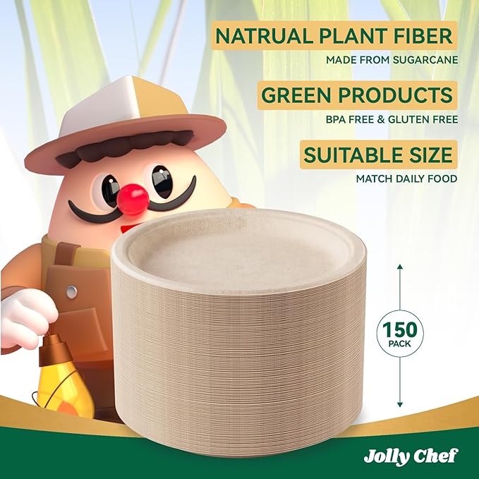 JOLLY CHEF Compostable Heavy Duty Plates 𝟭𝟬 𝗜𝗻𝗰𝗵 [𝟭𝟱𝟬 𝗣𝗮𝗰𝗸] Eco-Friendly Disposable Natural Paper Plates Bagasse Biodegradable Bulk for Party Dinner Thanksgiving Day (Brown)