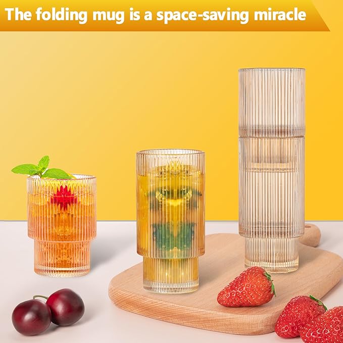 6 Pack Large 16Oz Ribbed Drinking Glasses Vintage Amber Set - Elegant ribbed glass cups, vintage drinking glasses for water, juice, cocktails, whiskey, iced coffee, smoothies – gift for home