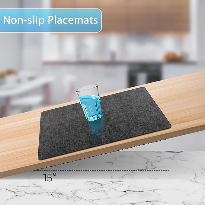 Placemats Set of 6 Washable, Heat Resistant Table Placemats Wipeable Faux Leather Place Mats Non Slip, Waterproof Square Table Mats for Indoor Outdoor, Charcoal Gray