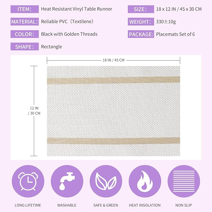 FAVE Placemats Set of 6 White Placemats Woven with Golden Thread Durable and Wipeable Vinyl Placemat Set of 6 for Wedding, Banquet, Birthday, Party, Restaurant Decorations(White)