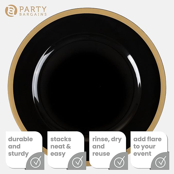 PARTY BARGAINS 13-Inch Charger Plates - 96 Pack, Black Gold Rim, Heavy-Duty Disposable Chargers for Elegant Dining - Ideal for Weddings and Formal Events
