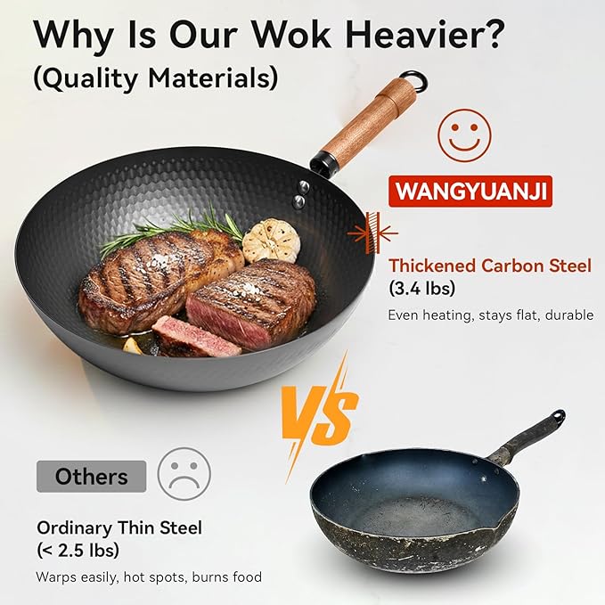 WANGYUANJI Carbon Steel Wok Pan with Lid, 12.6" Hammered Stir Fry Pan, Thickened Heavy Duty Flat Bottom Wok for Electric, Induction & Gas Stoves, Detachable Wood Handle, No Chemical Coating (Black)