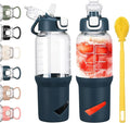 SIEROZUR 32 oz Glass Tumbler with Straw, Glass Water Bottles with 2 Lids-Handle Spout Lid & Straw Lid, 1 Liter Motivational Water Bottles, Silicone Sleeve, Fits Car Cup Holder,Dark Blue