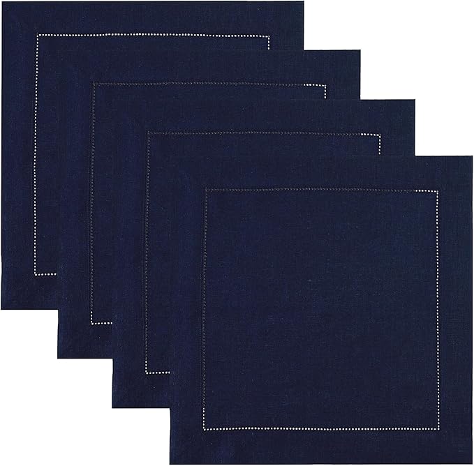 Solino Home Square Placemats Set of 4-100% Pure Linen Navy Blue Cloth Placemats 14 x 14 Inch - Classic Hemstitch, Machine Washable Place Mats for Winter, Easter