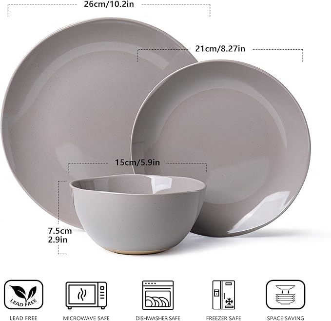 Dinnerware Sets for 4, 12 Pieces Stoneware Plates and Bowls Sets, Dishwasher&Microwave Safe,Modern Minimalist Tableware for Everyday Use, Grey