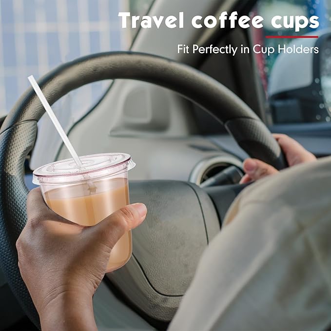 50 Sets Clear Plastic Cups with Lids and Straws, Disposable Iced Coffee Cups Drinking PET for Cold Drinks, Juice, Smoothie, Coffee Shops, Party, Christmas (Pink,14 oz)