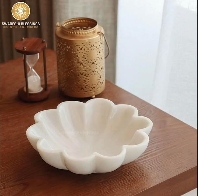 SWADESHI BLESSINGS HandCrafted Marble Decorative Bowl | White Ruffle Scalloped Fluted Key/Fruit Ring Dish | Organic Modern Home Decor (8 Inches)