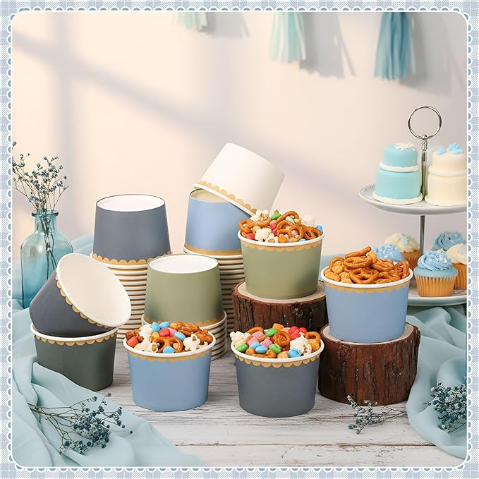 Zopeal 96 Pcs Winter Disposable Ice Cream Bowls 9oz Dusty Blue and Green Gradient Color Paper Snack Cups with Gold Scallop for Parties, Weddings, Baby Showers, Desserts, Yogurt, and Salads