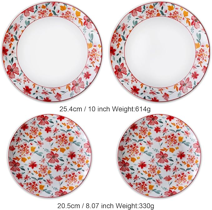 Porcelain Floral Plates 8 Inches &10 Inches 4 Pieces Total,Ceramic Dessert Plate,Appetizer Salad Plate Set, Dinnerware Dinner Plates for Kitchen,Cake Snacks