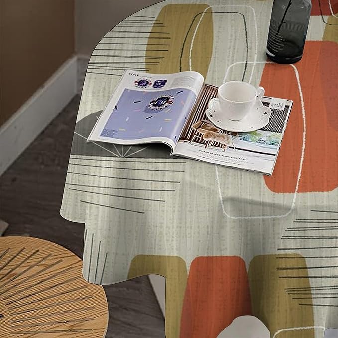 Retro Medieval Bohemian Round Tablecloth, Modern Mid Century Geometric Abstract Print Tablecloth for Home Party Dining Room Kitchen Decor 50Inch(127cm)