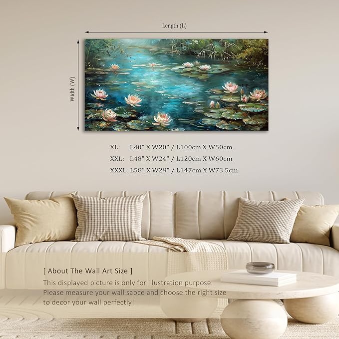 ADJUVANT Wall Art Impressionist Water Lily Pond 40" L x 20" W, Lotus Flower Canvas Painting Nature Artwork Green Water and Pink Blooms Prints Wall Decor for Living Room Bedroom Study Home Office