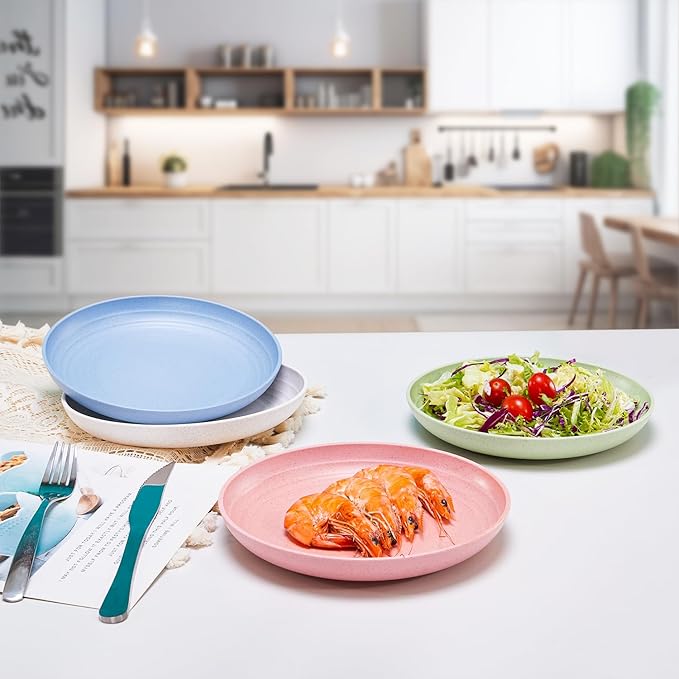 MISS BIG Wheat Straw Plates 8 inches,Plastic Plates Reusable Set of 4,Dinner Plates for Kids&Adults,Dishwasher & Microwave Safe,Eco-Friendly,BPA Free with 4 Colors