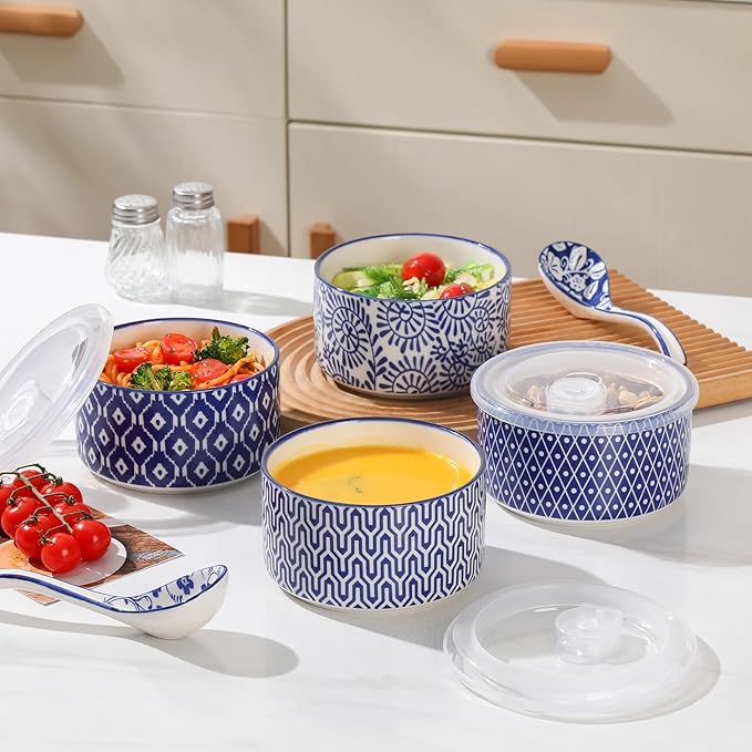 Selamica Ceramic Bowls with Lids,14 OZ Small Serving Bowls with Lids for Lunch Picnic Microwave Safe, 5 Inch Kitchen Food Storage Bowls Set of 4 for Prep, Salad, Pasta, Cereal, Vintage Blue