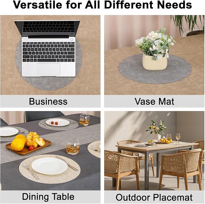 Myir JUN Reversible Vinyl Round Placemats Set of 4, Faux Leather Place Mats Dual Sided Waterproof Wipeable, Heat-Resistant Table Mats for Kitchen Dining Indoor Outdoor (14", Light Gray Cream-White)