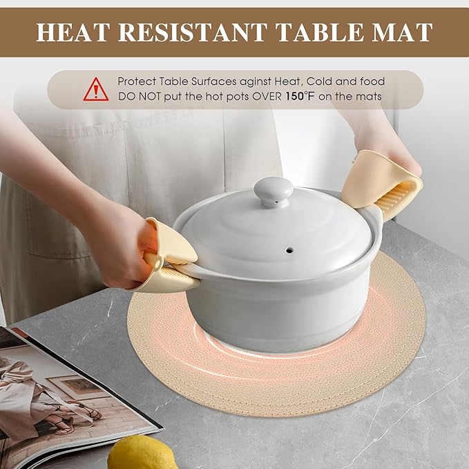 Set of 6 Faux Leather Gold Round Placemats and Coasters, Coffee Mats Kitchen Table Mats, Waterproof, Easy to Clean for Kitchen Dining Round Table