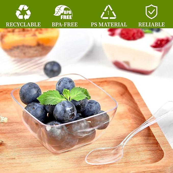 TOFLEN 200ct 2 oz Mini Dessert Cups with Spoons, Clear Plastic Reusable Small Party Serving Cups for Appetizers, Hors D'oeuvres Plates