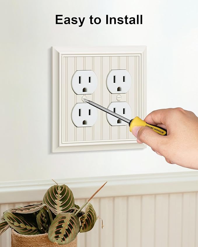 2-Pack Classic Beadboard Double Duplex Outlet Cover, Light Almond Decorative Switch Plates and Outlet Covers for Electrical Outlets, Durable Natural Bamboo Fiber Wall Plates, 2 Gang Receptacle Cover