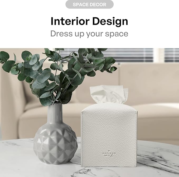 Carrotez Tissue Box Cover, Refined Modern PU Leather Square Holder - Decorative Holder/Organizer for Bathroom Vanity Countertop, Night Stands, Office Desk & Car 5"X5"X5" White